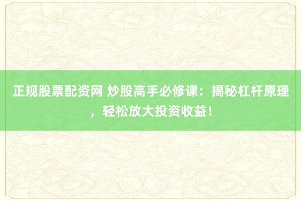 正规股票配资网 炒股高手必修课：揭秘杠杆原理，轻松放大投资收益！